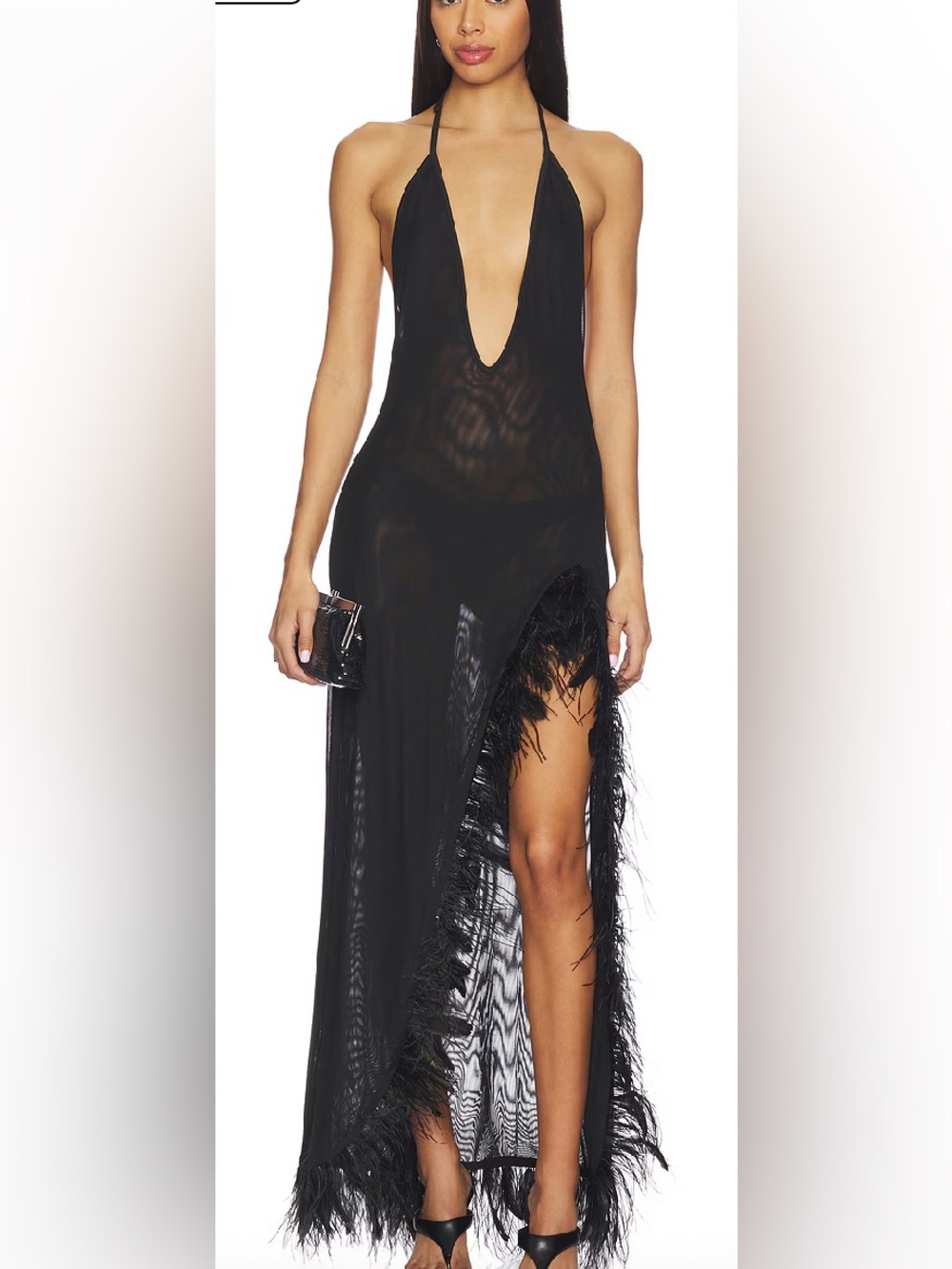 Jaded London Black Sheer Plunge High-Low Feather Trim Dress